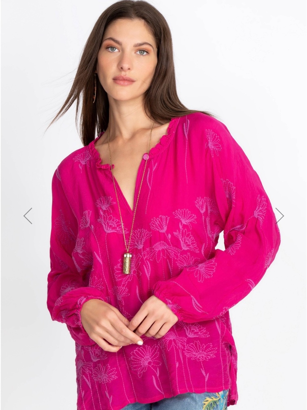 Johnny Was Hot Pink Embroidered Peasant Blouse